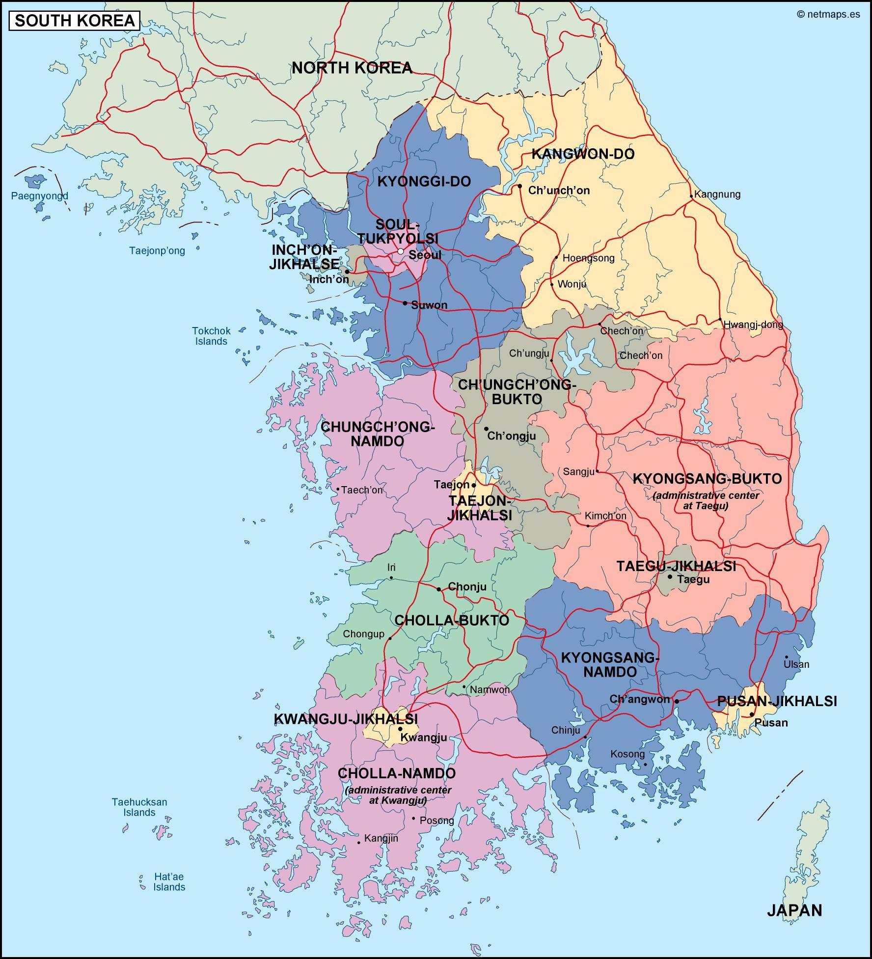 South Korea Region Map Map Of South Korea (Rok) Regions: Political And State Map Of South Korea  (Rok)